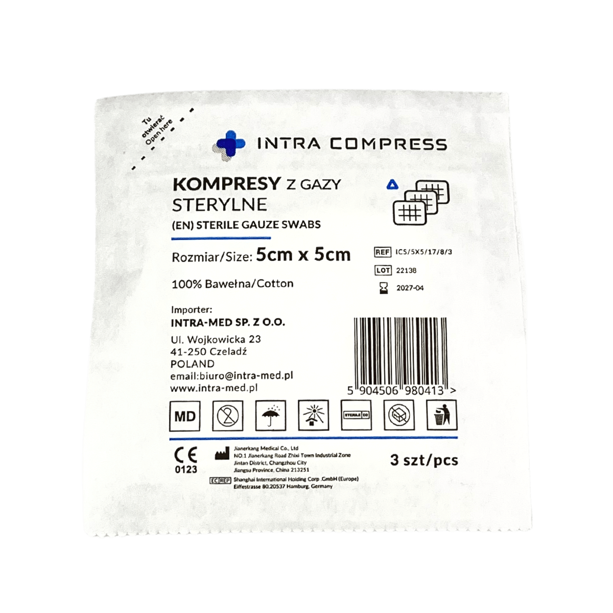 Jałowy kompres z gazy 5x5cm 17N 8W 3szt. IntraMED