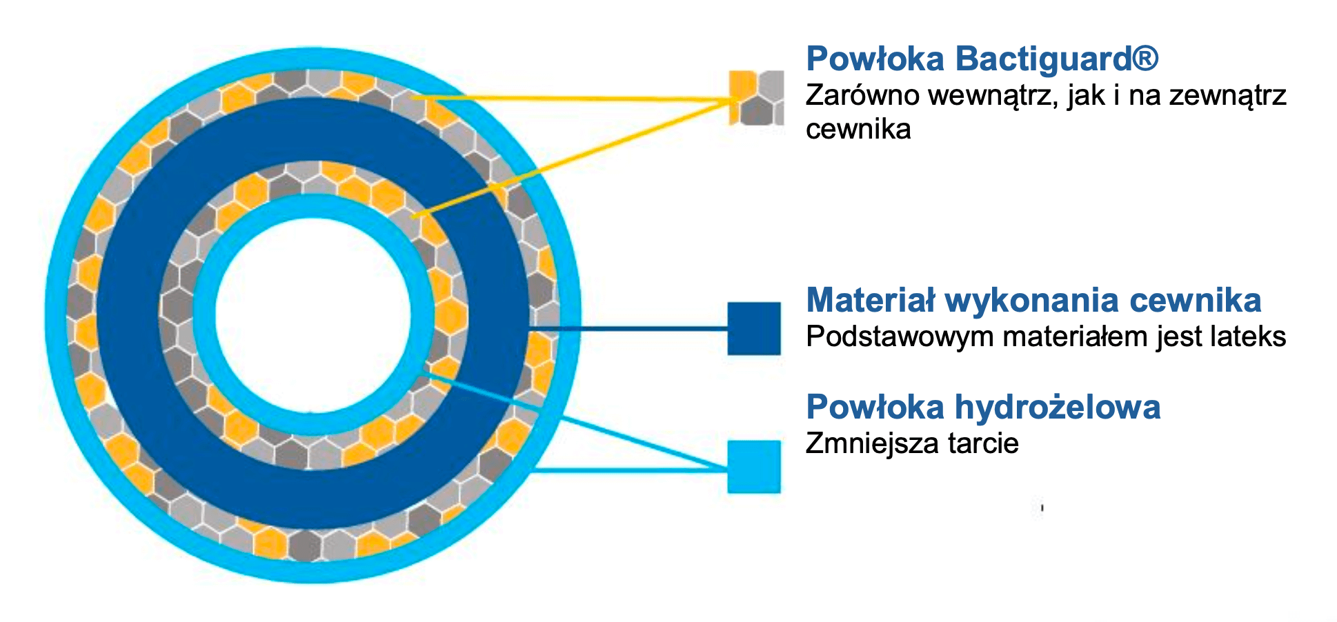 Ilustracja przedstawia przekrój cewnika Bardex z powłoką Bactiguard. Na skrajnej warstwie cewnika znajduje się powłoka hydrożelowa zmniejszająca tarcie. Pod powłoką hydrożelową jest powłoka Bactiguard, zarówno wewnątrz jak i na zewnątrz cewnika. Środkowa warstwa to materiał wykonania cewnika, czyli lateks otoczony z obydwu stron powłoką Bactiguard i powłoką hydrożelową.